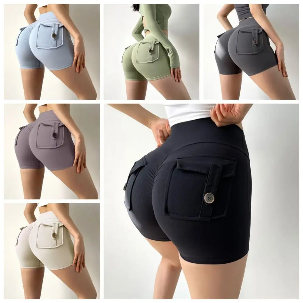 High Waist Pocket Gym Shorts Breathable Push Up Peach Hip Shorts with Pocket Buttocks Scrunch Yoga Shorts for Women Beach