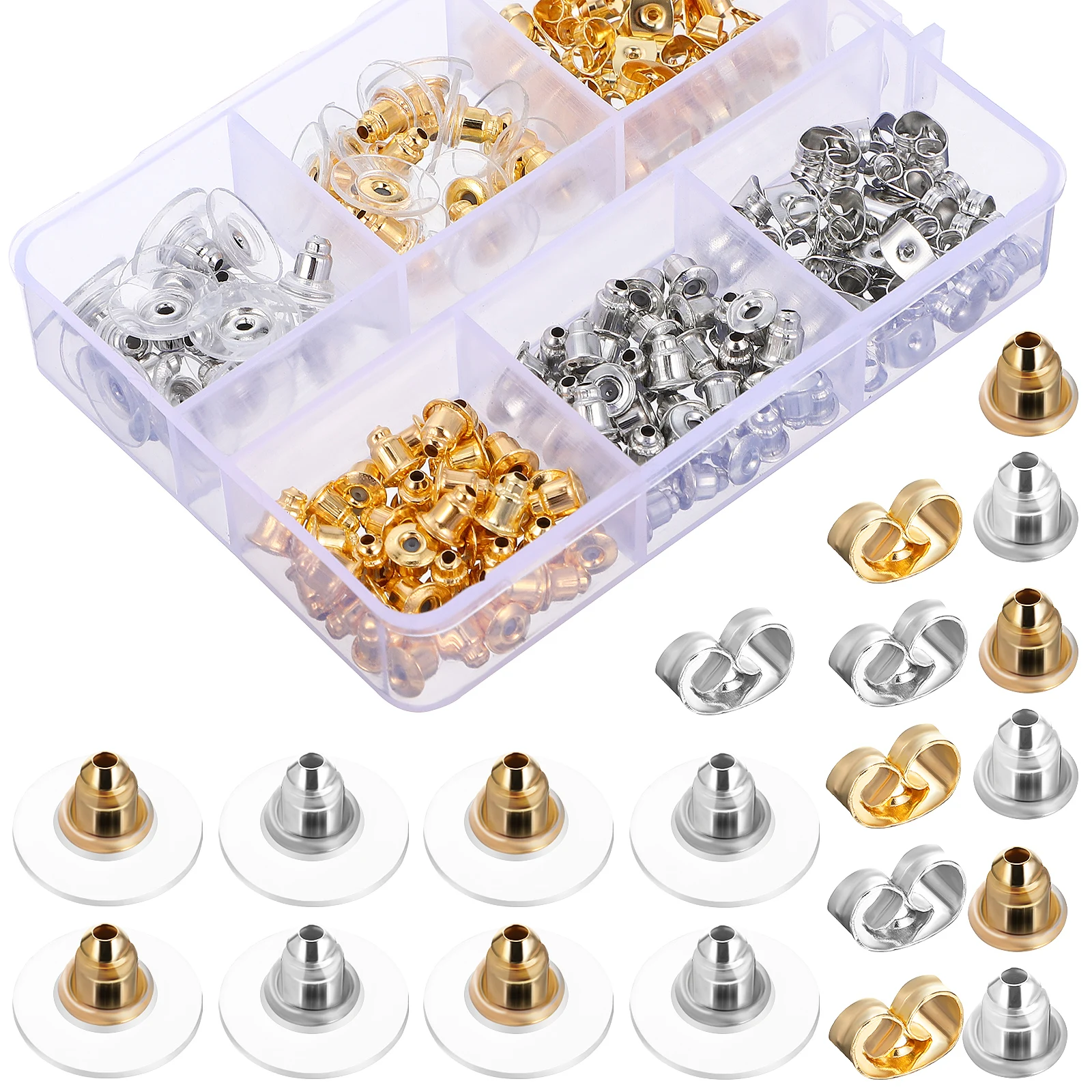 

170Pcs Earring Backs Set Rubber Clear Locking Replacement Pierced Earring Backings Organizer Box Ear Ringing Backs