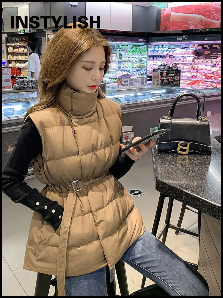 Elegant Puffer Vest Women Winter Stand Collar Sleeveless Jacket Vest with Belt Korean Harajuku Down Coat Casual Waistcoat