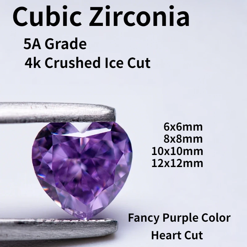 

Fancy Purple Color Cubic Zirconia Synthetic Gemstone 5A GradeHeart Shape 4k Crushed Ice Cut Lab CZ Stone Women Charms Jewelry