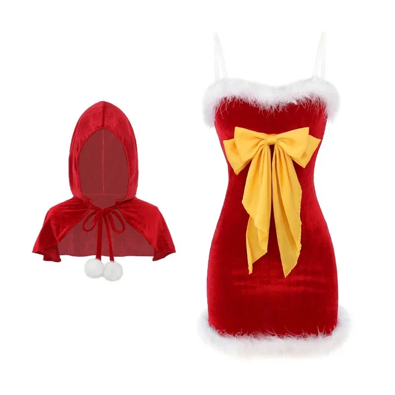 Uniforme de Navidad, disfraz de Cosplay, vestido de Papá Noel con lazo grande, trajes de reloj con capucha, camisón rojo de Año Nuevo, ropa interior de juego de rol para niña