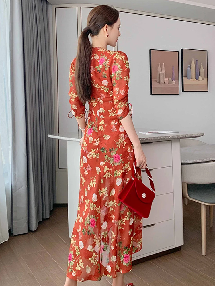 Femmes Vintage élégant Robe Maxi dames doux rétro vacances pansement plis fente longue Robe femme Boho vacances bord de mer robes
