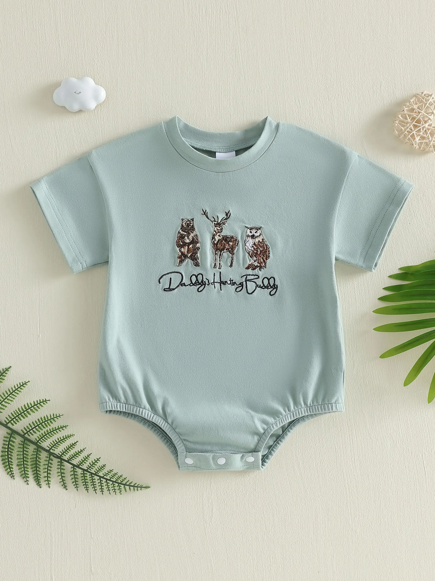 

Adorable Toddler Boy s Stylish Romper with Cute Animal Patchwork and Trendy Letter Embroidery Short Sleeve Round Neck
