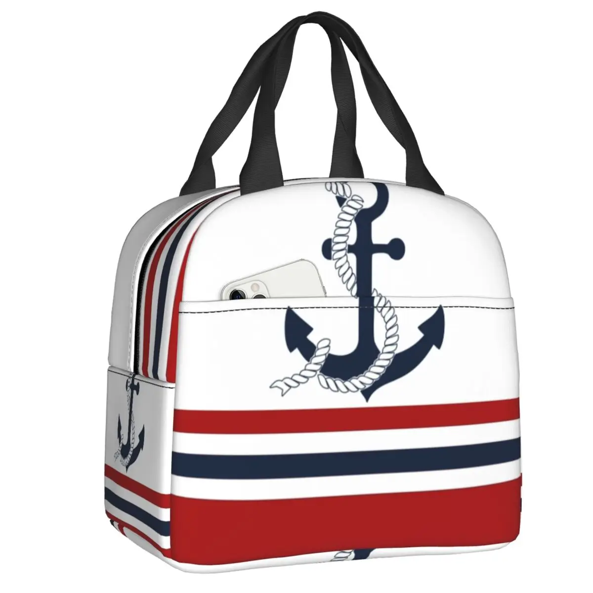 

Портативный термосумка-ланчбокс с изоляцией для еды, водонепроницаемая, с принтом «Морские якоря с полосками», для моряков и любителей парусного спорта