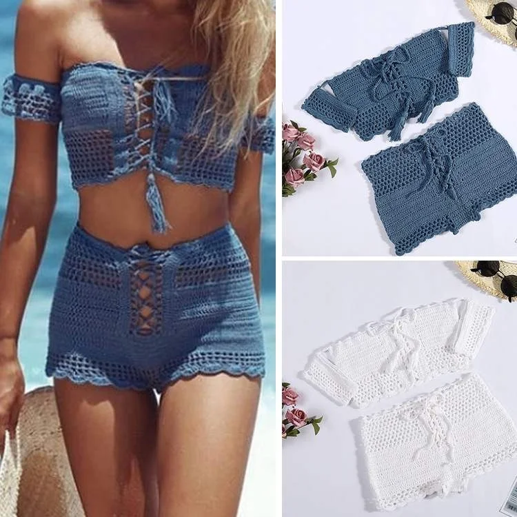 

Sexy Hollow out Hand Knitted Bikini Top And ort Pants Beach Swimming Suit Cross Strap Wrap around Design Sports Fitn Fan...