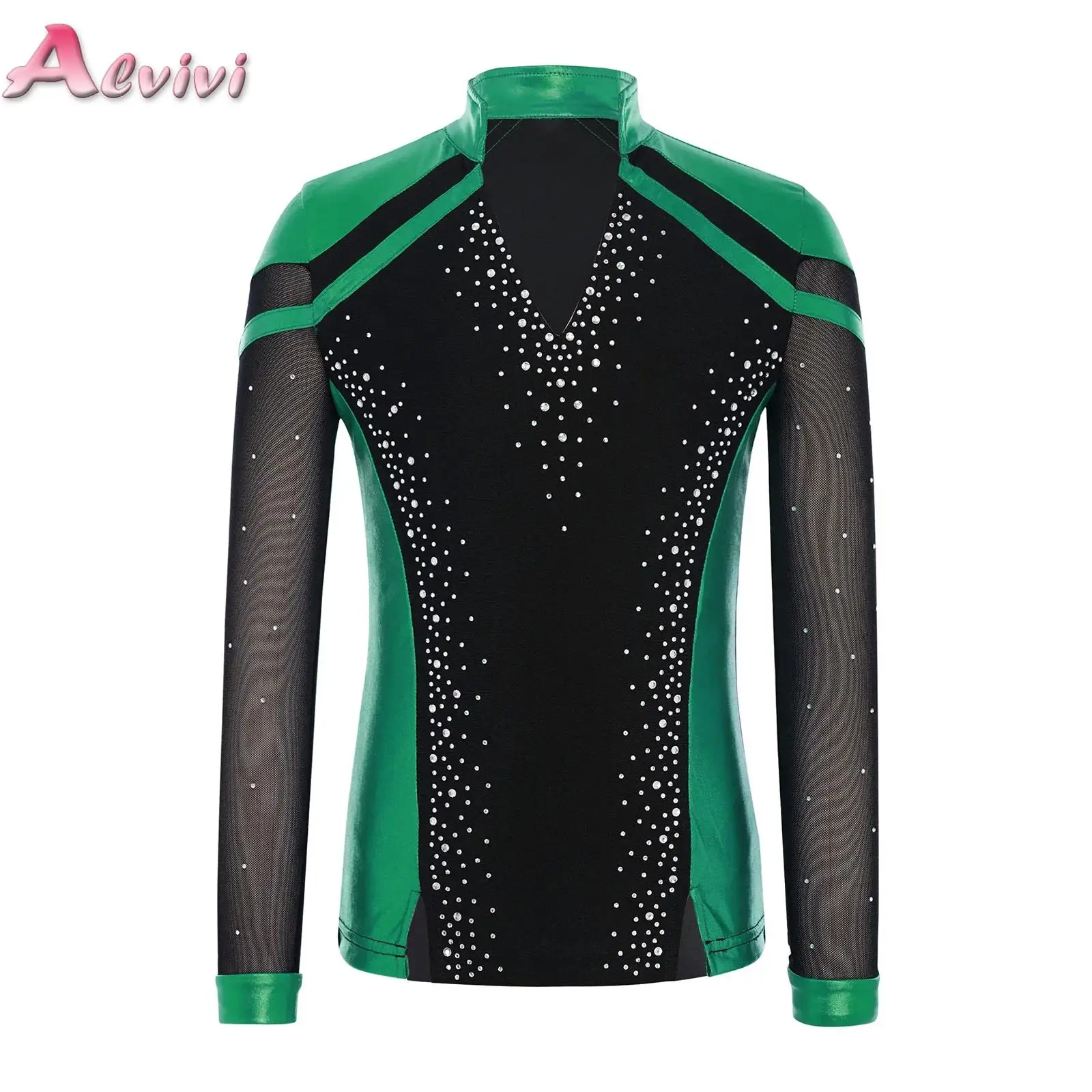

Kids Boys Figure Skating Costume V-Neck Long Sleeve Split Shiny Rhinestones Metallic Color Block Top for Competition Performance