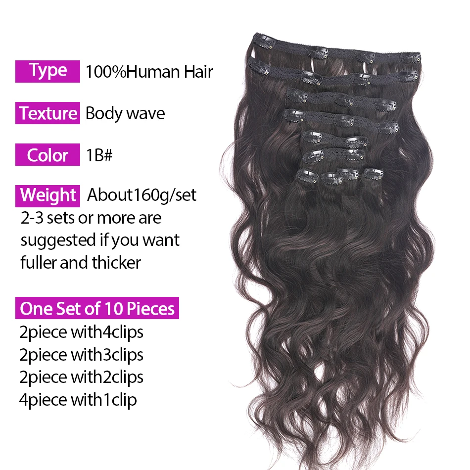 Extensions de cheveux Body Wave à clipser, 240 cheveux humains, double trame, invisibles, sans couture, haute qualité, noir naturel, 100% g