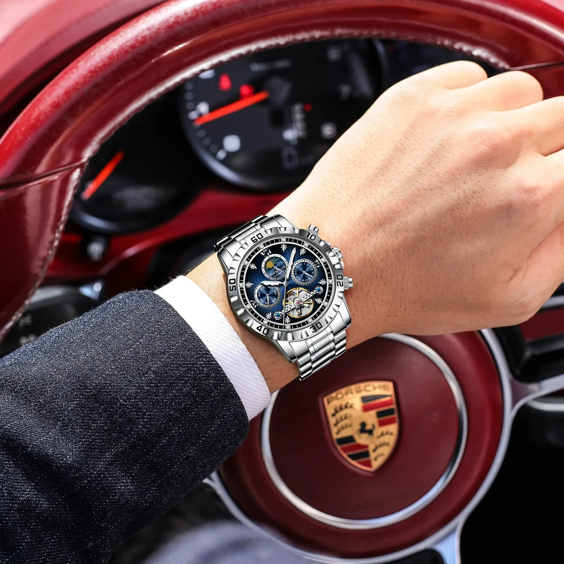 POEDAGAR Fashion Luxury Men Wristwatch Mechanical Waterproof Man Watch Hollow Tourbillon Automatic Stainless Steel Men's Watches view 5