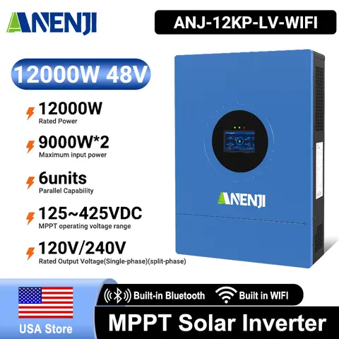 ANENJI Inverter solare ibrido a fase divisa 12KW 48V 120/240VAC Inverter parallelo a onda sinusoidale pura integrato 2 MPPT 200A Caricatore solare