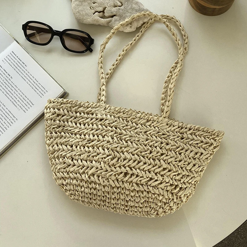 Beach Designer Handbags Solid Women Straw Plaited Article Shoulder Bag Travel Vacation Beach Bag Aesthetic Pouch Tote Ladies