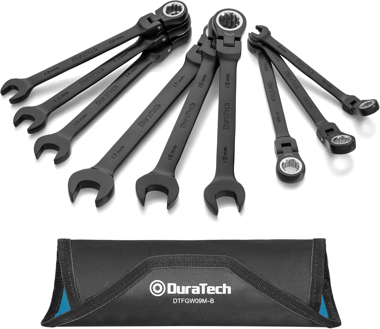 

9-Piece Flex-Head Ratcheting Wrench Set, Metric Sizes 8-17mm, Black Coating, CR-V Steel with Pouch