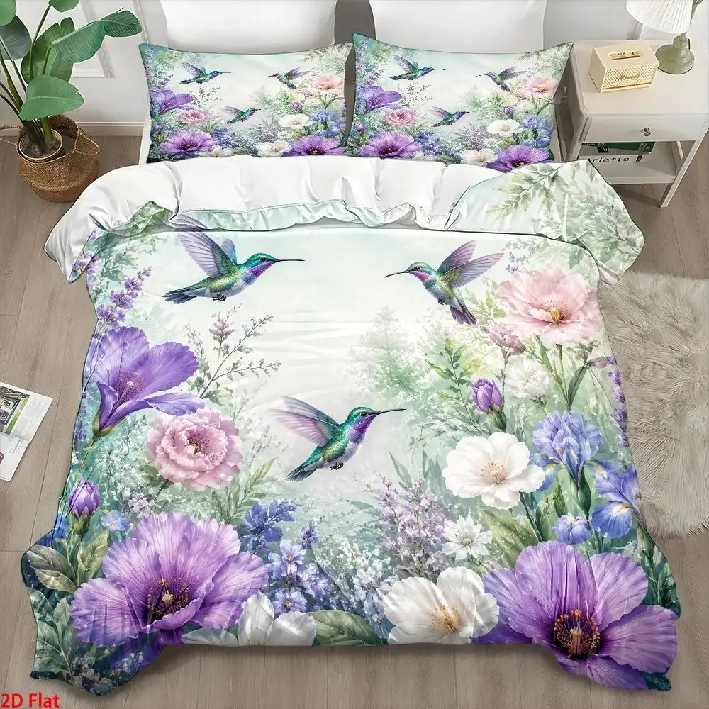 3Pc Pastoral Hummingbird Floral Quilt Cover Set Double Bed Duvet Cover with 2 Pillowcases Polyester Breathable Machine Washable