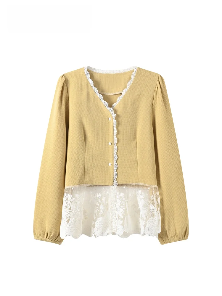 

plus Size Women's Long Sve irt Lace Splice Winter Faionable Casual Breathable Polyester Fibre Ladies Premium Quali