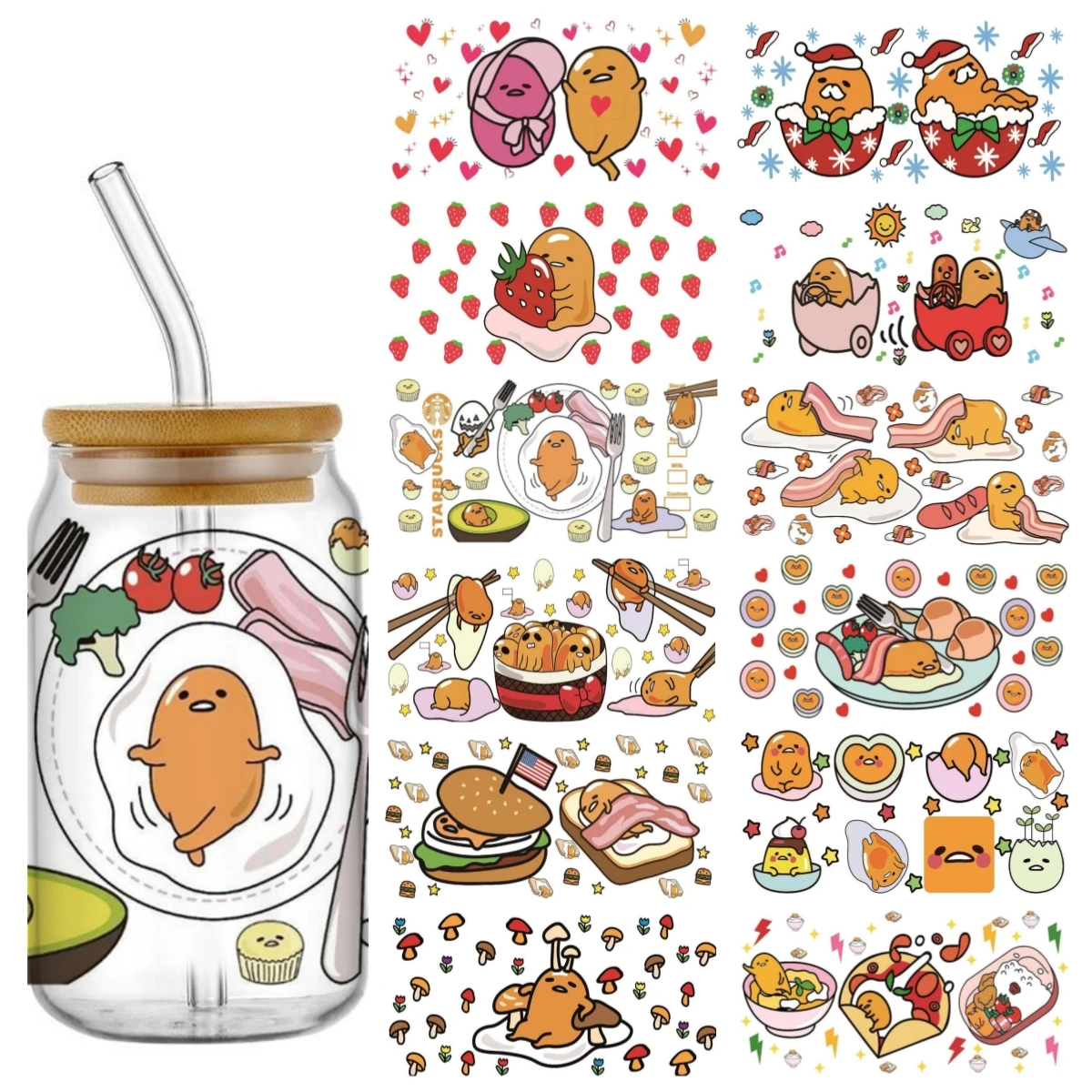 Miniso cute Gudetama pattern 16oz UV DTF Wraps Transfer Sticker DIY For Libbey Glass Cup Waterproof Wrap Transfers Decals