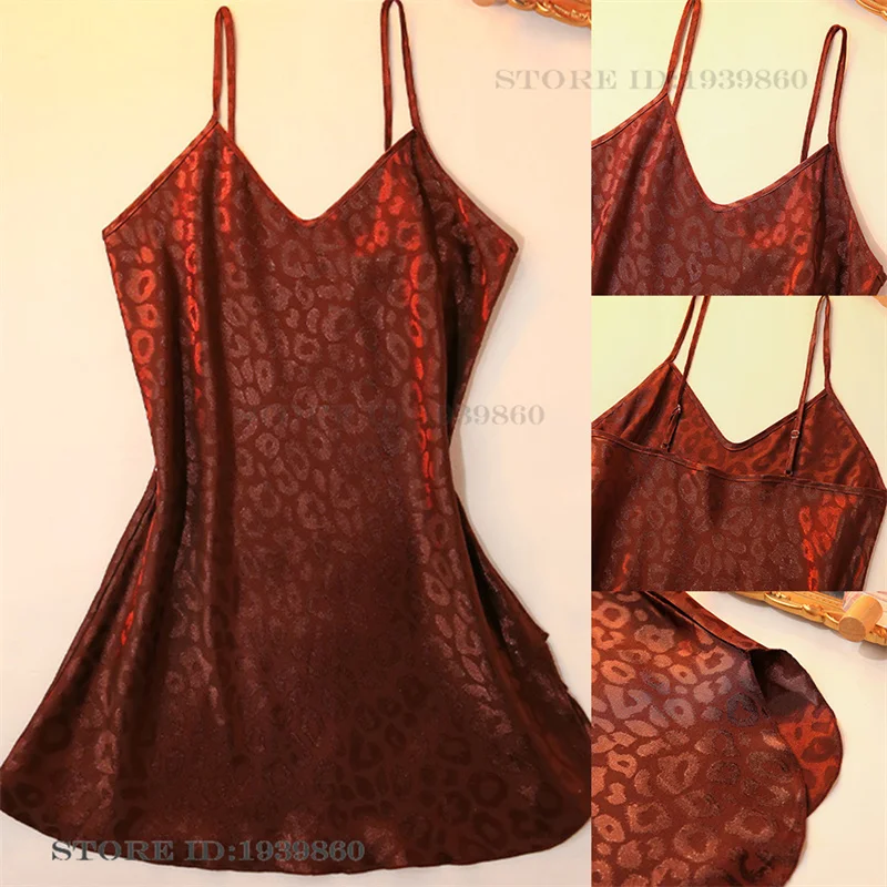 

Female Suspender Nightgown Loungewear Sexy Leopard Nightdress Lingerie Chemise Sleepwear Summer New Ice Silk Nightie Homewear