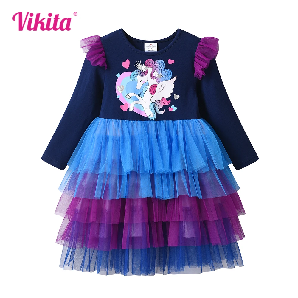 

VIKITA Girls Licorne Heart Print Long Sleeve Dress Kids Colorful Birthday Party Performance Princess Prom Gown Girl Tutu Dresses