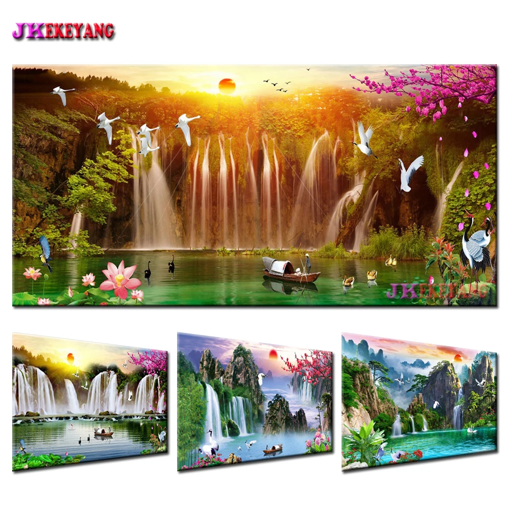 Full Drill 5D DIY Diamond Painting Waterfall Sunrise Lake Diamond Embroidery Cross Stitch Needleworks Home Decor Y5221