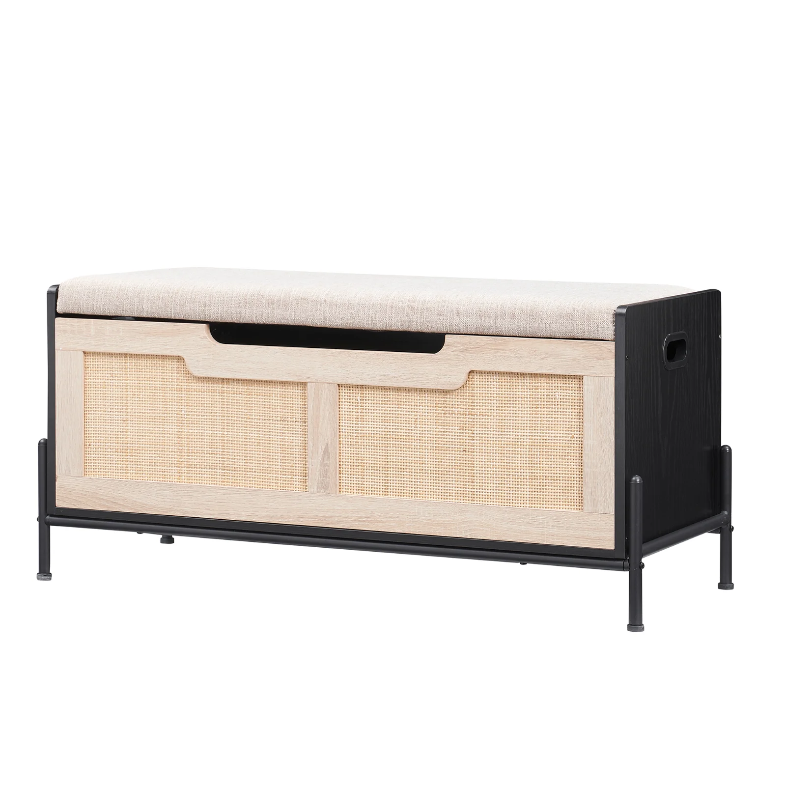 Panca versatile con vano portaoggetti – Aspetto in rattan, struttura in metallo robusta, coperchio ribaltabile con cerniere di sicurezza, superficie imbottita – Perfetta come panca per scarpe,