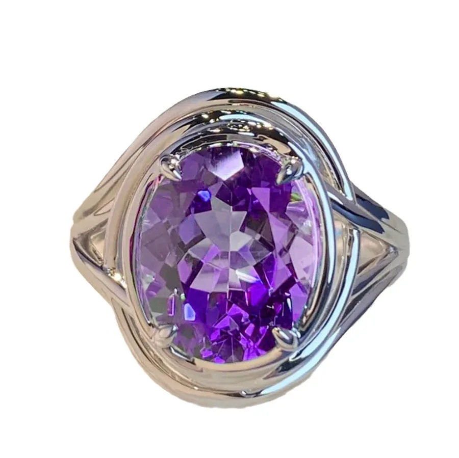 925 Silver Jewelry Natural AmethystResizable Rings Fine Accessories for Wedding Engagement Party for Girlfriend&Wife Gift