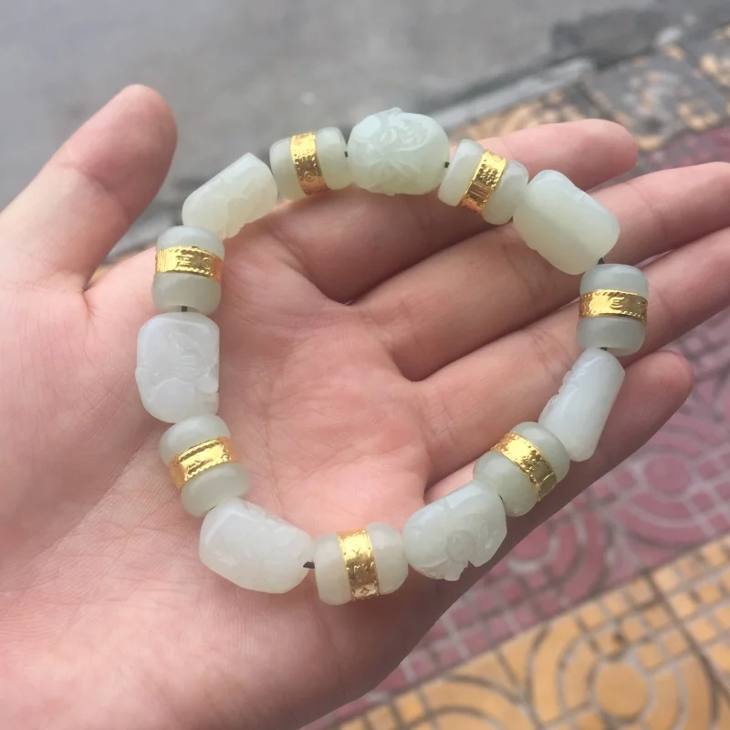 Xinjiang Hetian White Lohan's Beads Gold Inlaid with Jade Bracelet Necklace for Men and Women Send Certificate