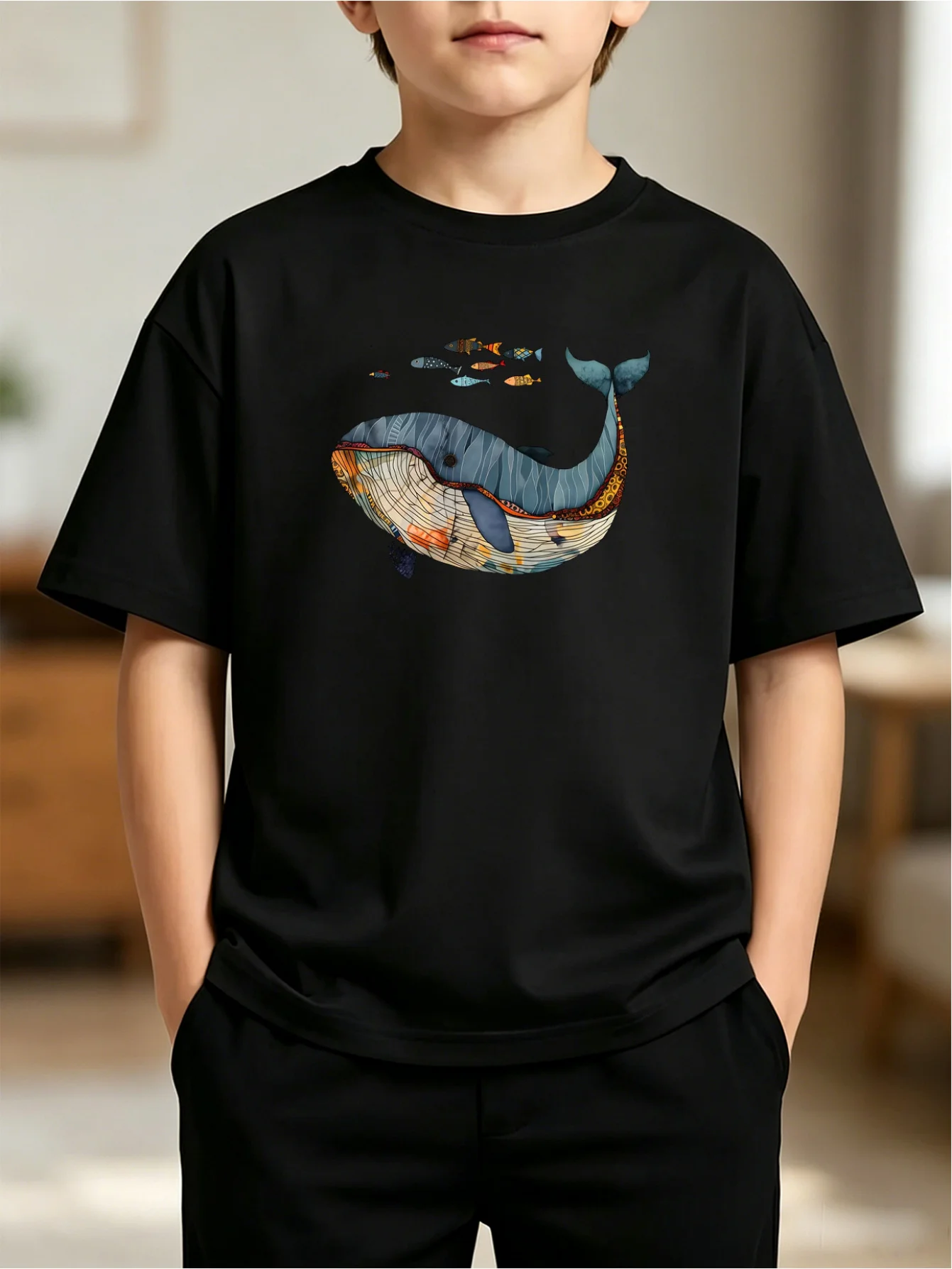 Art Style Big Whale Print Kids T Shirt Boys Girls Sea Creature Short Sleeve Tee Family Matching Children Casual Daily Wear Top