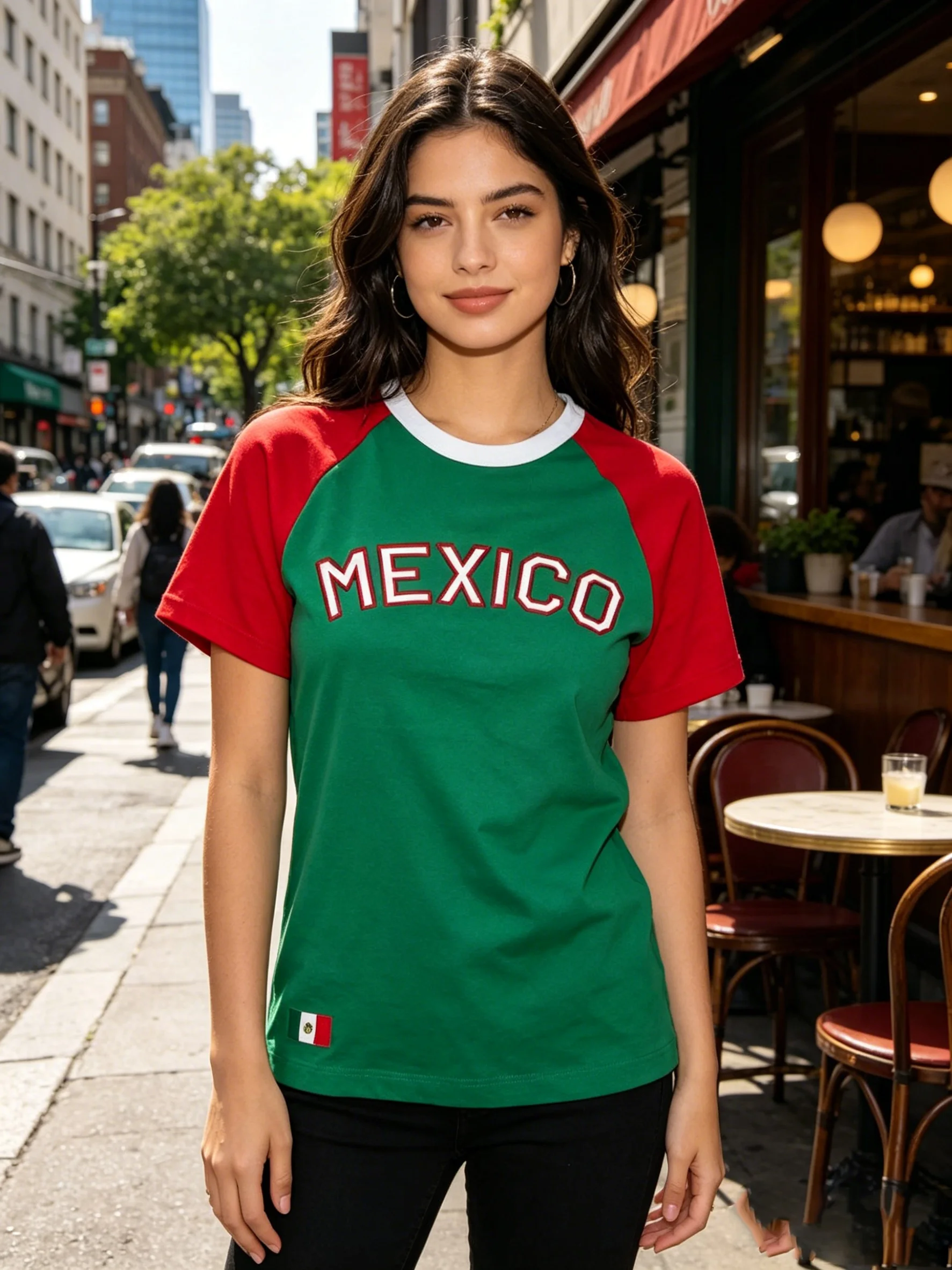 American College Style Comfortable Fabric Contrasting Raglan Top MEXICO Letter Print Slim Fit Short Sleeved T-Shirt for Spicy Gi