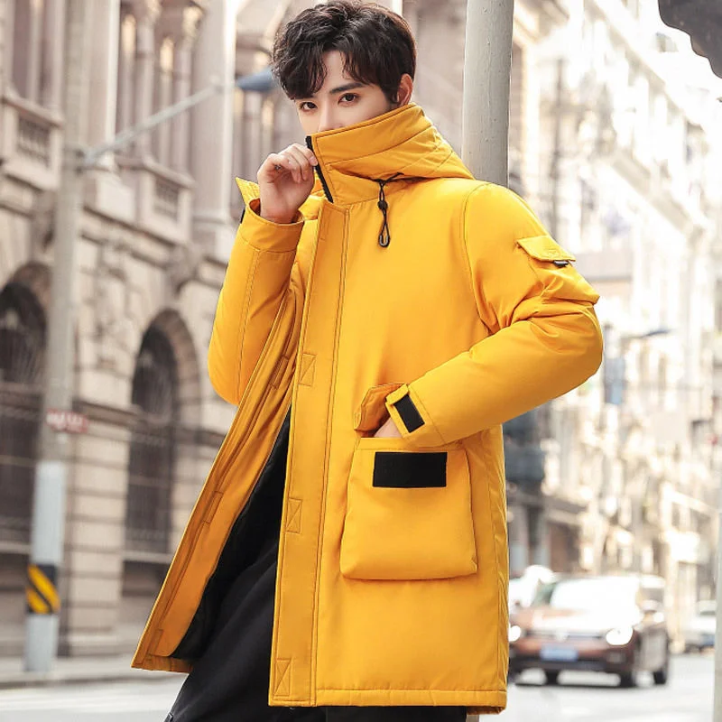 New Winter 2023 Men Coat Hood solid ColorCasual Parka Outwear Thicken Warm hooded Slim Fit Student Outwear Coat Black Yellow