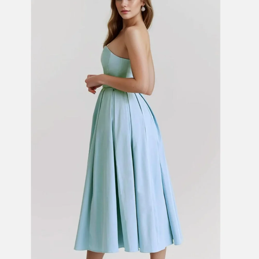 2024 Sexy Light Blue Slash Collar Backless Midi Long Strapless Dress Women High Waist Pleated Ruched Hem Swing Robe Party White