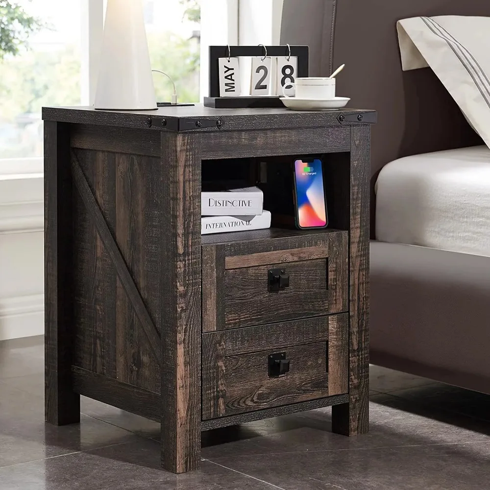 

Nightstands, Farmhouse Nightstand with 2 Drawers and Charging Station, Table Side Table for Bedroom Living Room, Nightstands