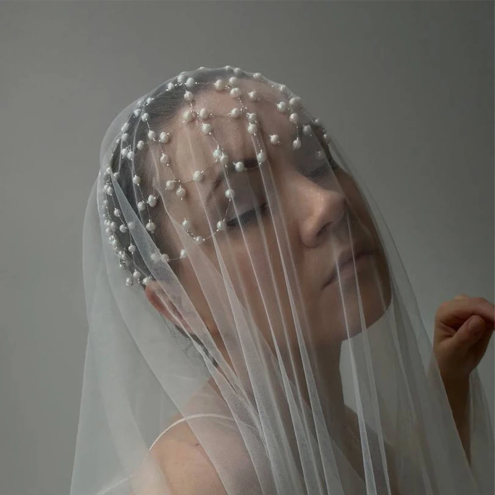 Temperament Bridal Mesh Headband Chain Wedding Hair Accessories Ins Fashion Imitation Pearl Forehead Headpiece for Women Gift