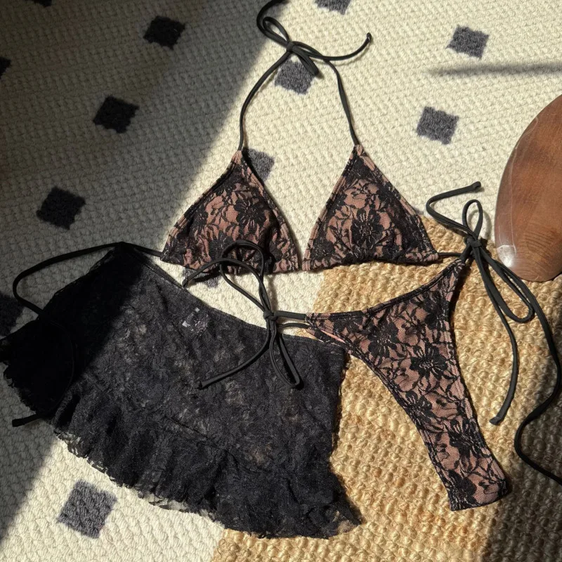 Bikinis sexis de 3 uds., trajes de baño de encaje, traje de baño para mujer con realce, ropa de baño para playa para mujer, trajes de baño, conjunto de Bikini brasileño, bañista para piscina