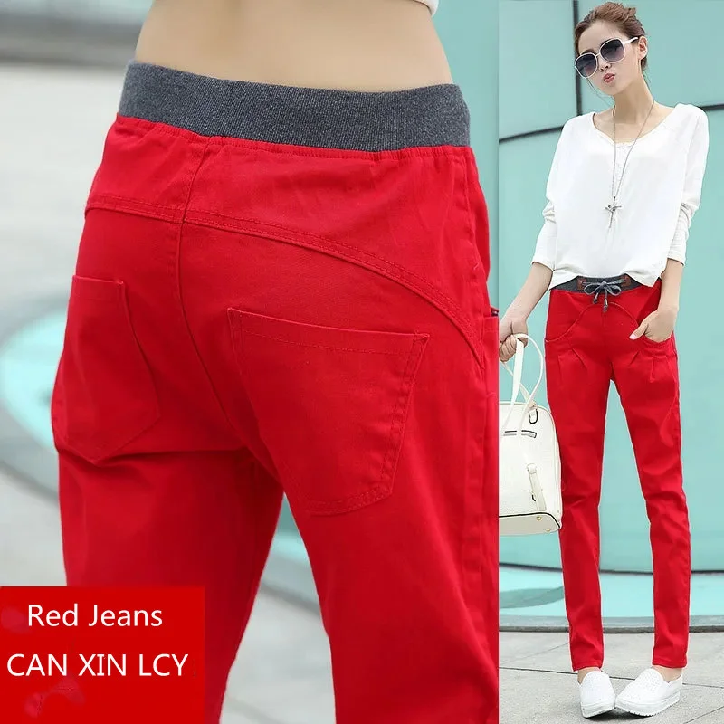 Red Jeans Women's Spring Autumn New Elastic Waist Loose Casual Harun Pants 2023 New Ladies Denim Pants