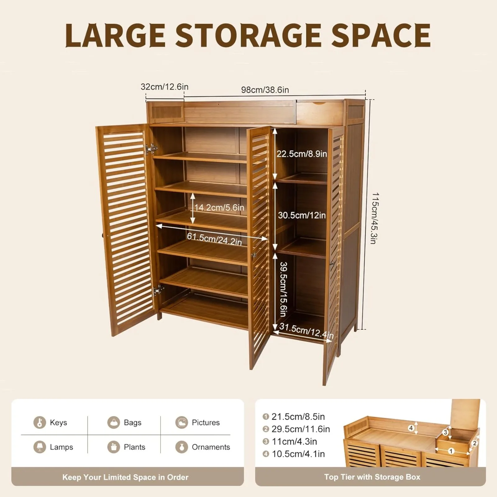 7 Tier Bamboo Shoe Cabinet with Doors 30 Pairs Shoe Rack Brown Shoe Storage Organizer Free-Standing Shoe Shelf for Entryway Hallway Living Room Bedroom