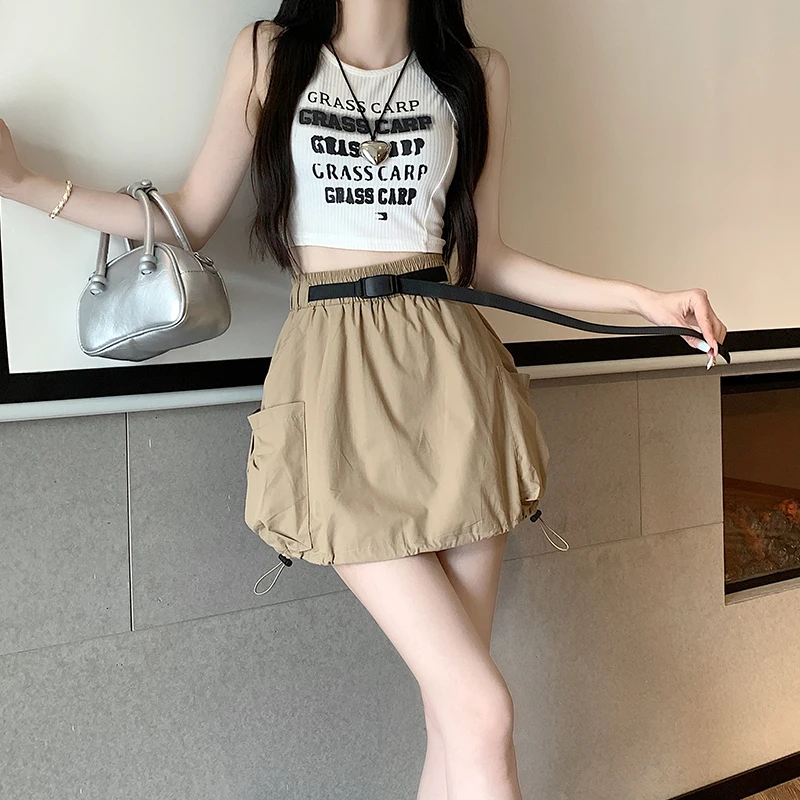 American Retro Big Pockets Streetwear Drawstring Cargo Skirts Womens Summer Elastic High Waist Casual Baggy Skirt