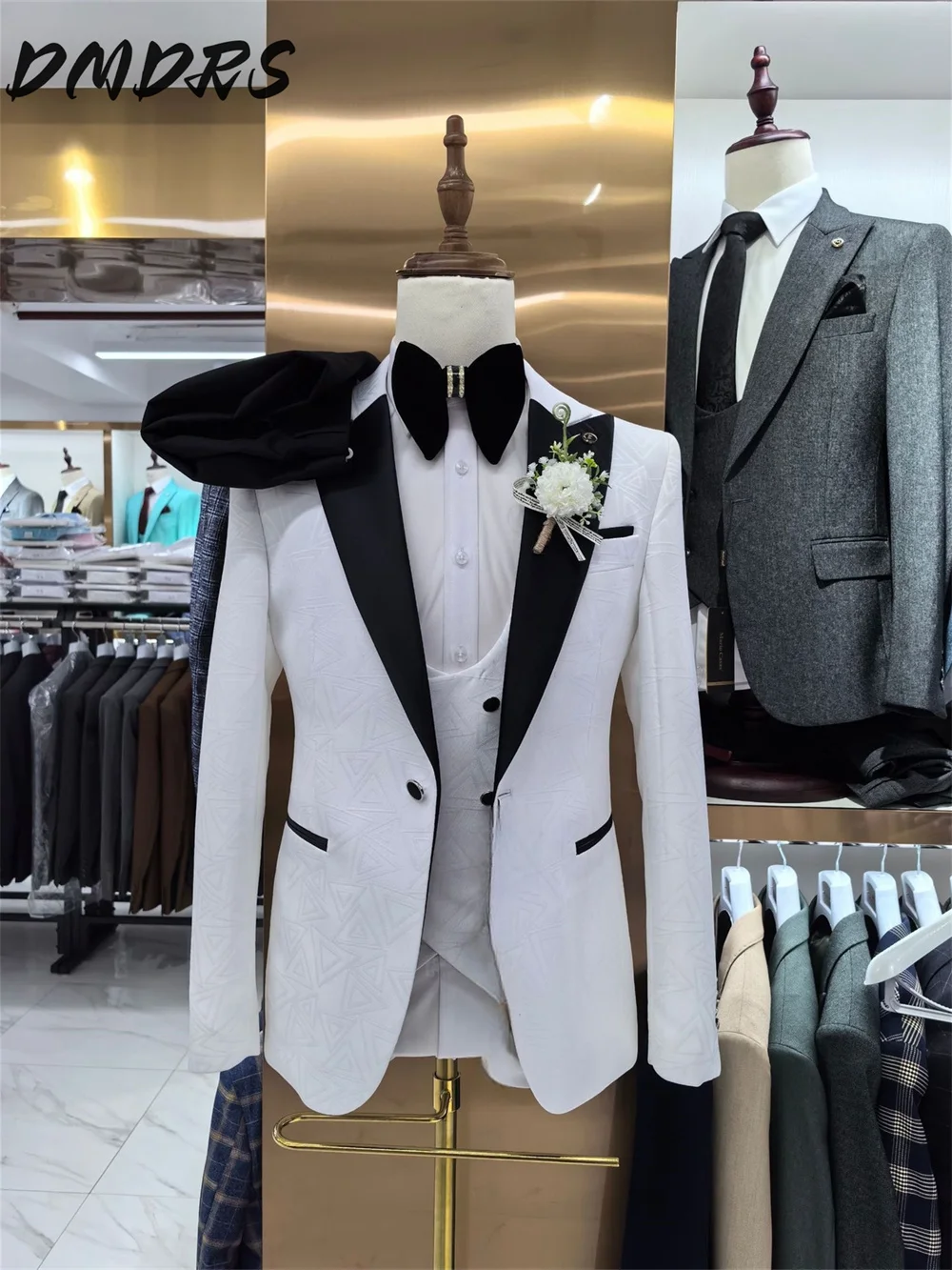 

Formal Triangle Jacquard Men's Suit set For Wedding Dress Elegant Single Breasted Jacket Vest Pants For Business Men Groomsmen