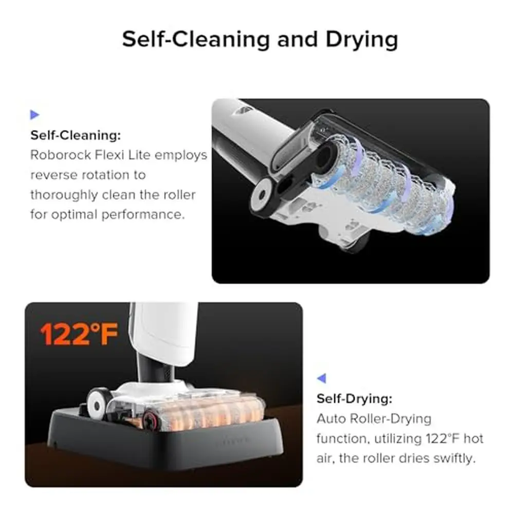 مكنسة كهربائية Flexi Lite الرطبة والجافة، ممسحة لاسلكية خفيفة الوزن 17000Pa، تصميم شفط FlatReach، تجفيف الهواء الساخن، تنظيف ذاتي من الأمام