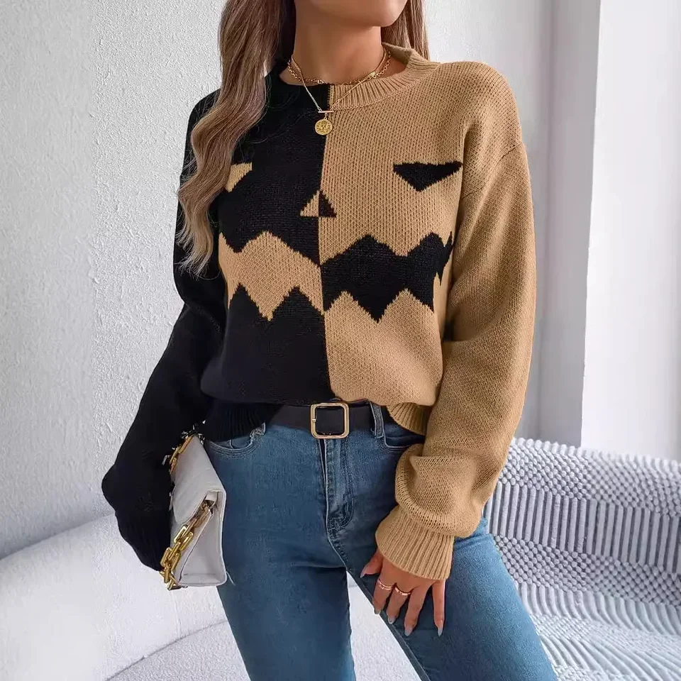 Women's  Halloween Ghost Pumpkin Knit Long-sleeve Sweater for Autumn and Winter New Round Neck Spell Color Pullover Sweater,