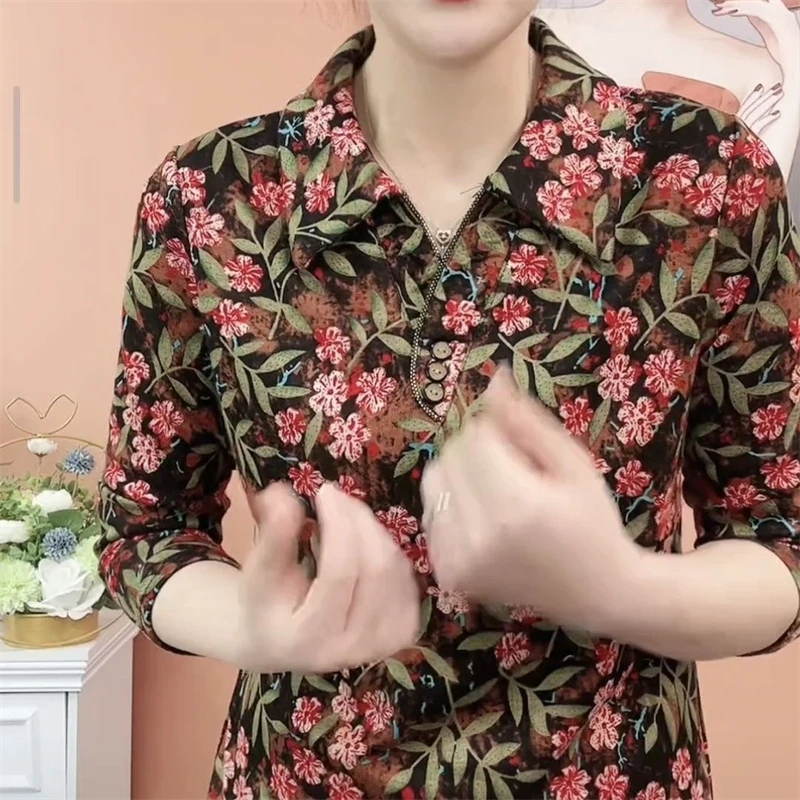 Women's Vintage Floral Printed Polo Collar Basic T-shirts Spring Autumn Fashion Long Sleeve Loose Pullover Tops Female Clothing