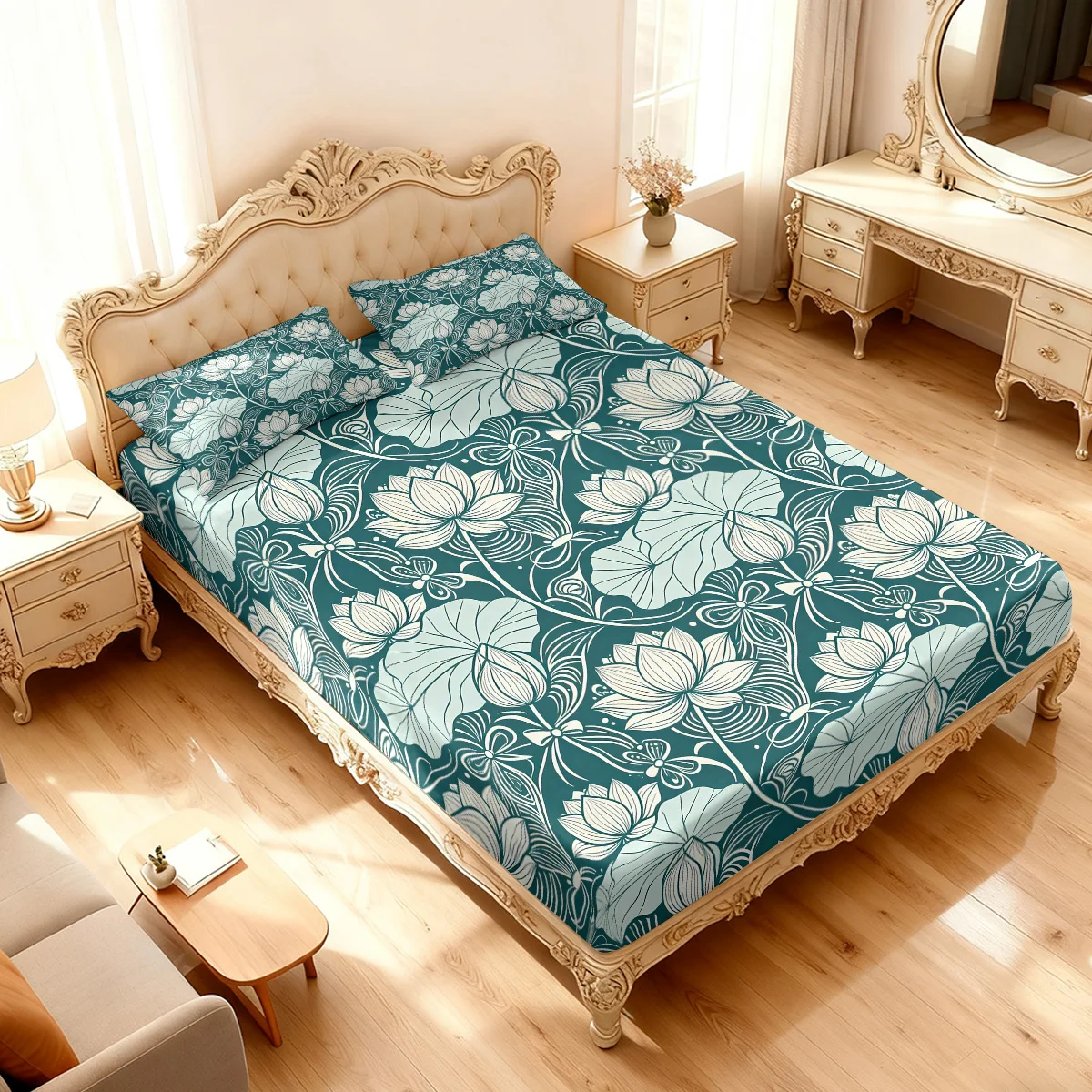 3pcs Beautiful Lotus Printed Chipless Bed Sheet Set, Multi Size Soft Bed Cover, Bedroom Bedding Decoration