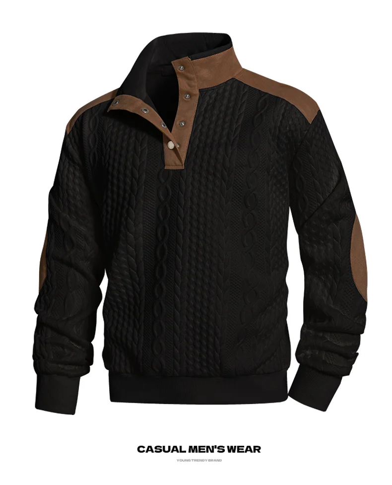 Men Beige Cable Knit Button Stand Collar Sweater Regular Fit Soft Warm Fabric Casual Pullover Top For Men All Seasons