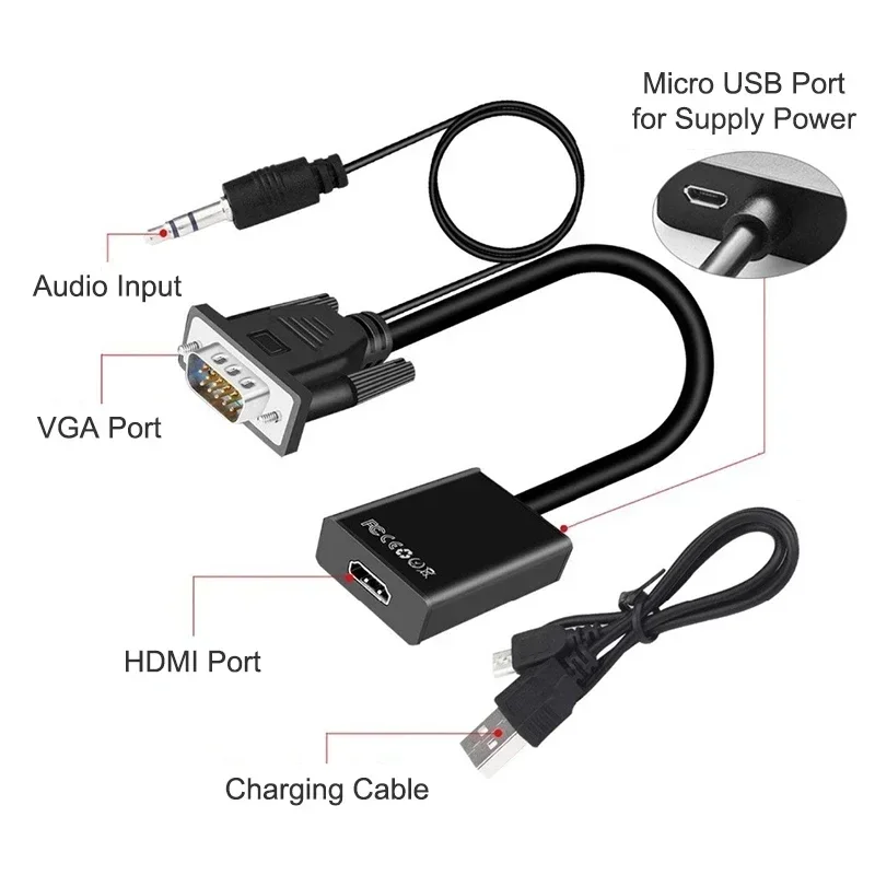 VGA to HDMI Cable Adapter VGA ชายไป HDMI หญิง Converter พร้อม Audio out 1080 P VGA HDMI Adapter สําหรับ PC แล็ปท็อป HDTV โปรเจคเตอร์