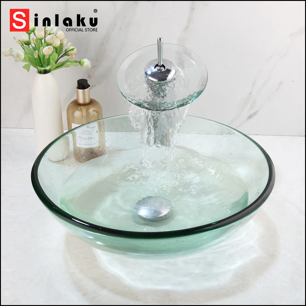 

SINLAKU Bathroom Tempering Glass Round Basin Set Deck Mounted With Single Handle Control Waterfall Outlet Faucet Mixer Taps