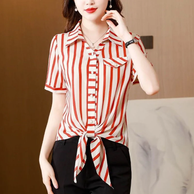 

2024 New Summer Commuting Elegant and Fashionable Minimalist Short Sleeved Blouses Lapel Stripe Patch Button Women's Shirt Top