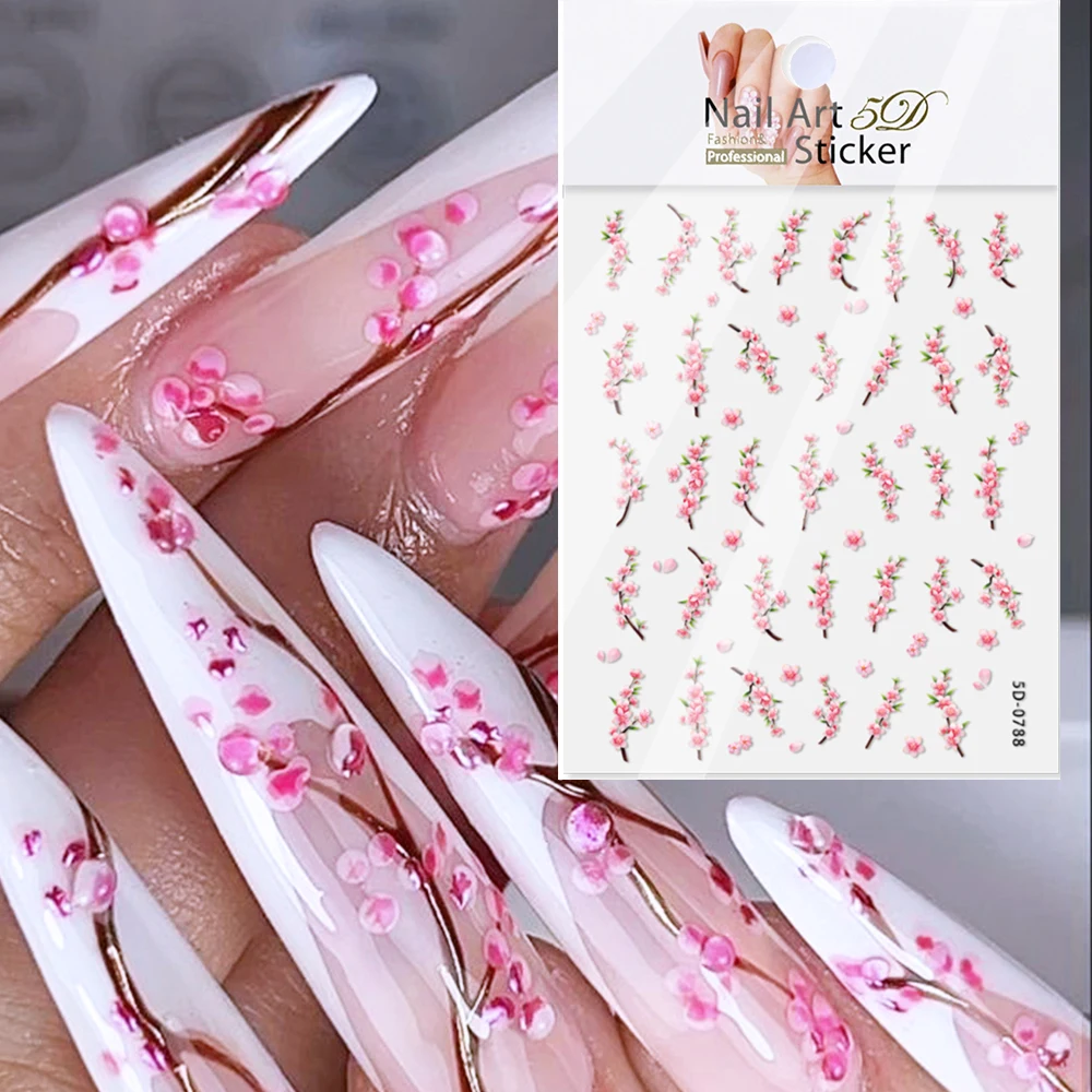 5D Spring Pink Cherry Blossom Flowers Nail Sticker Pink Embossed Sakura Floret Nail Decal Self-Adhesive Blossom Flowers Slider
