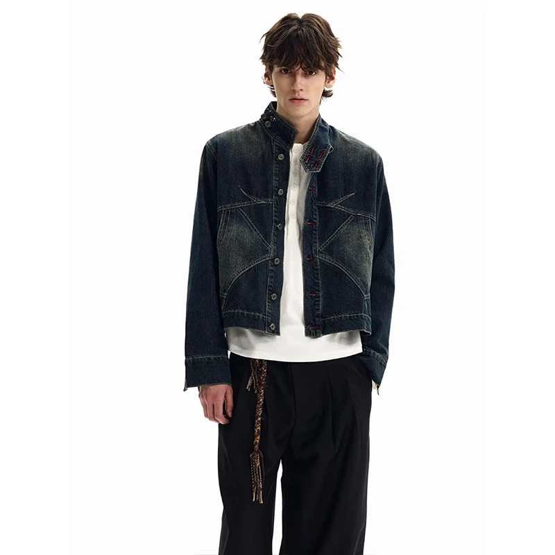 2026 Washed Denim Jacket Men's Casual Short Workwear Jacket American Deconstructed Splicing Autumn Winter Wear Resistant Cotton