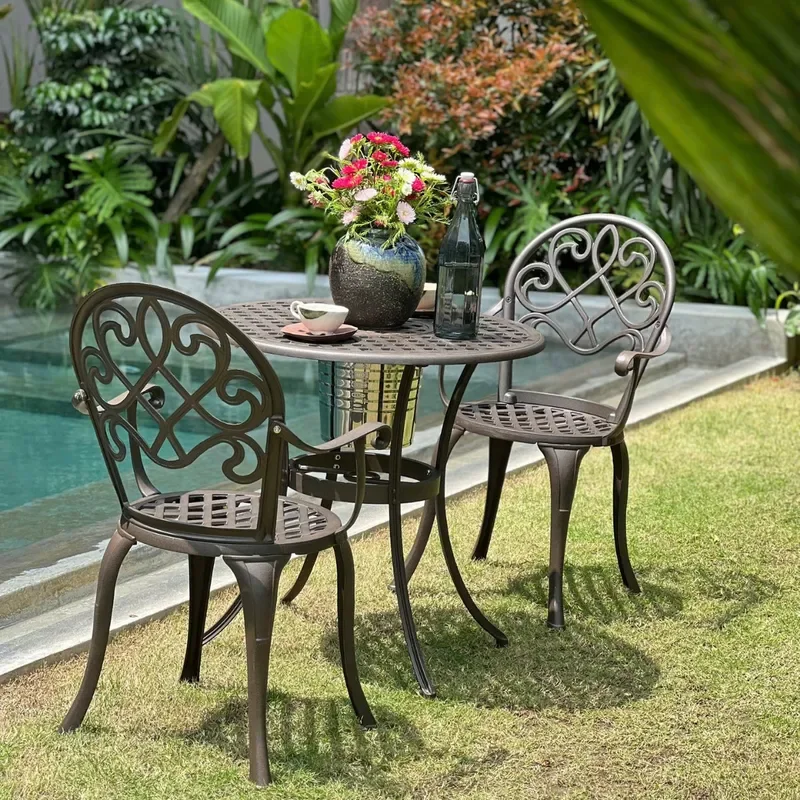 for DT010 Cast Aluminum Outdoor Furniture Set 3 Piece Garden Table and Chairs Waterproof Rust Proof with Ice Bucket Patio