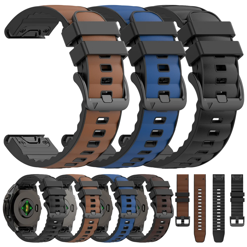 22mm 26mm Quick Release Leather+Silicone WatchBand For Garmin Fenix 5X 5 Plus 6X 6 7X 7 8 Pro/Tactix 8/Instinct 3 2X Solar Strap