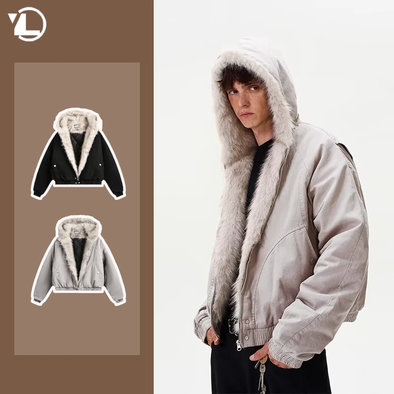 American Tooling Parkas Mens Winter New Fleece Thicken Y2K Hip-hop Street Short Cotton Jacket Zipper Windproof Warm Coats Unisex