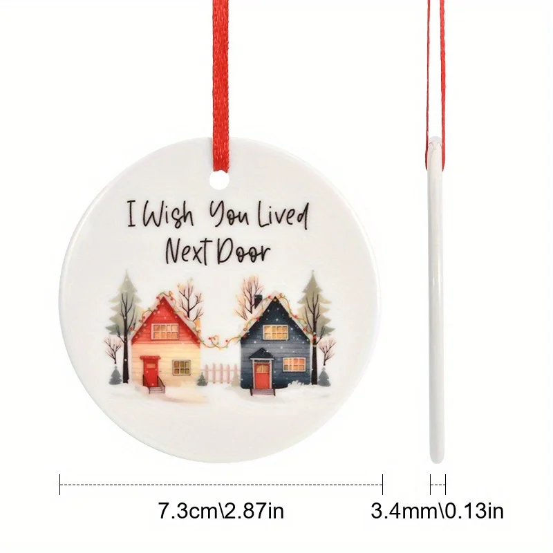 قطعة واحدة، قلادة سيراميك مستديرة، قلادة بنمط المنزل، قلادة تزيين شجرة عيد الميلاد DIY، 3 بوصات، مناسبة لمشاهد الحفلات