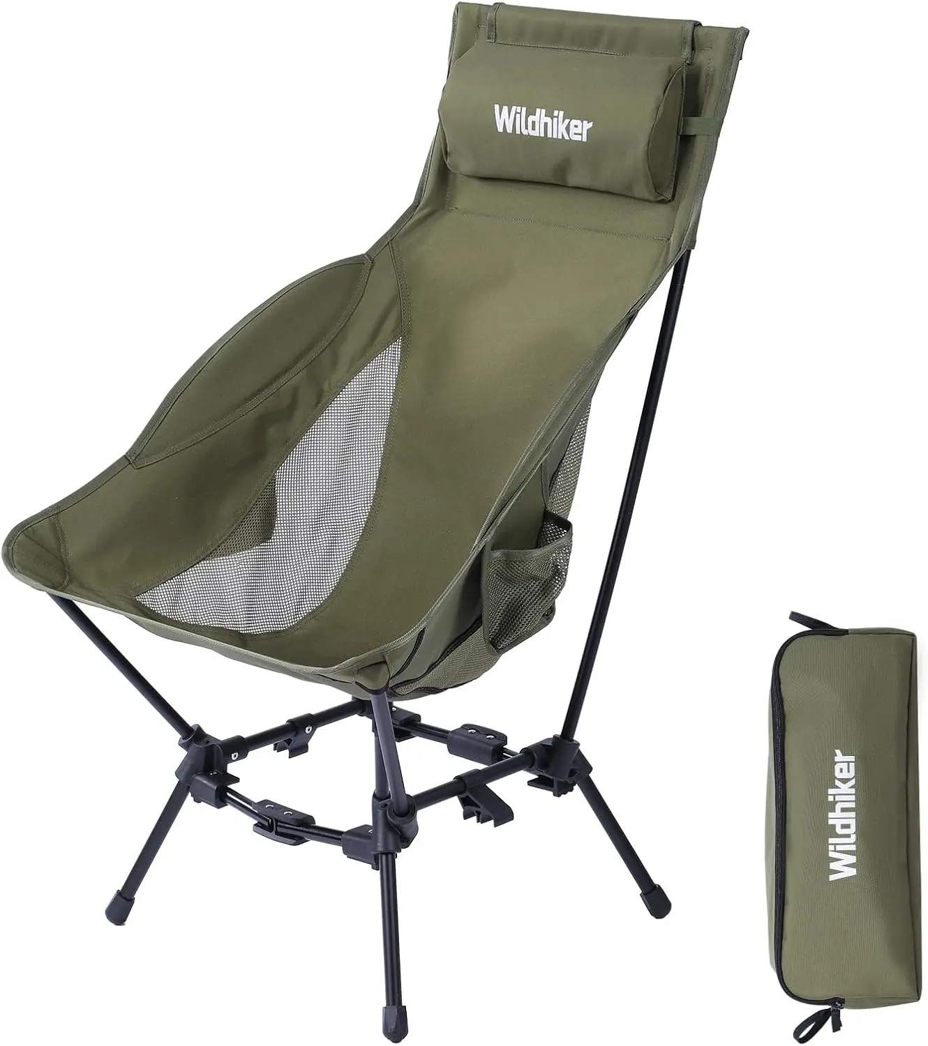 

Portable High Back Folding Camping Chair, Compact, Dual Modes, Pillow, Arm Pads, Side Pockets, Lightweight, Green